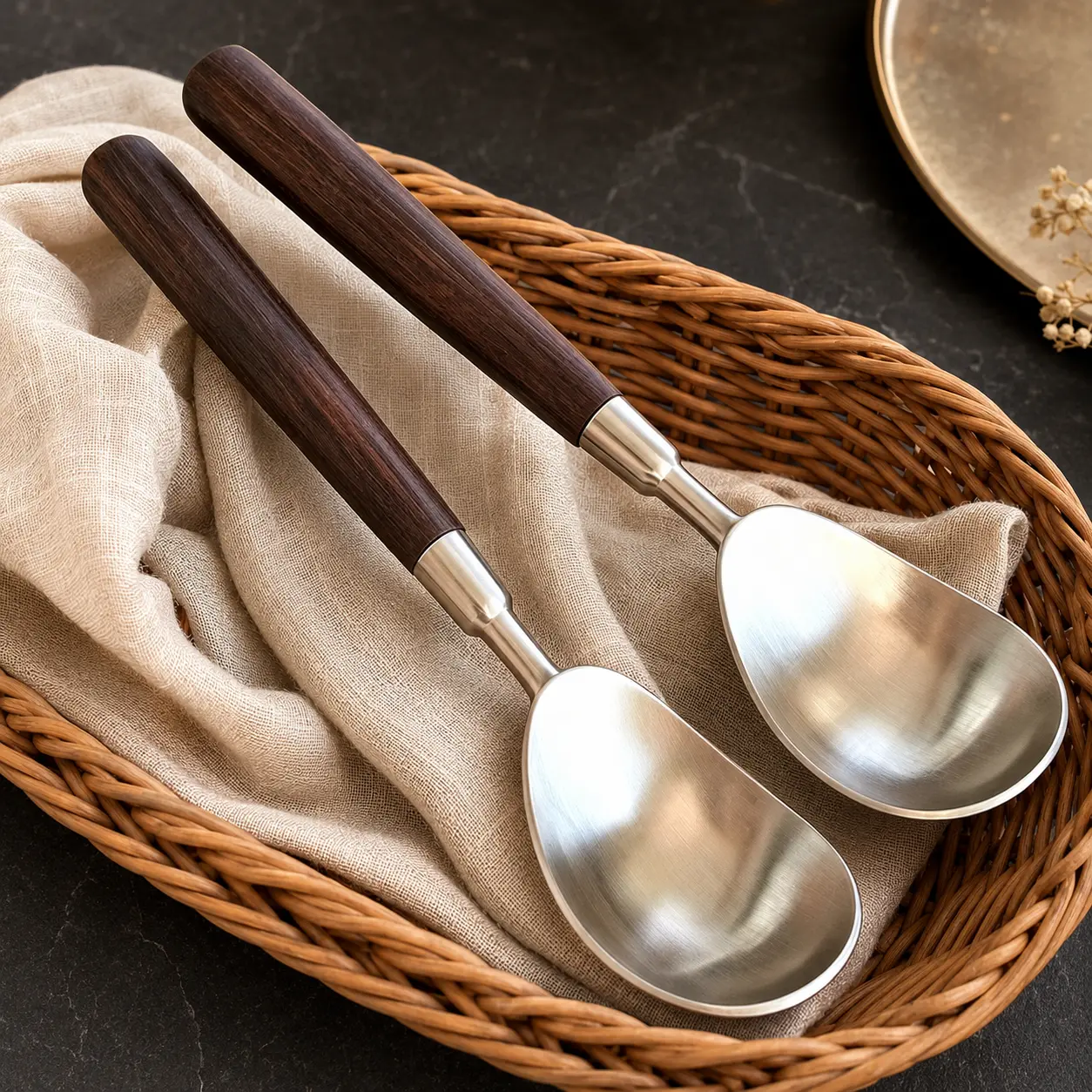 Stainless steel spoons with wood handles